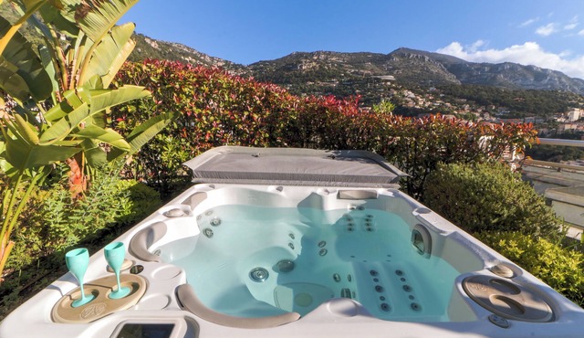 A tropical oasis with a garden and a view of Monaco